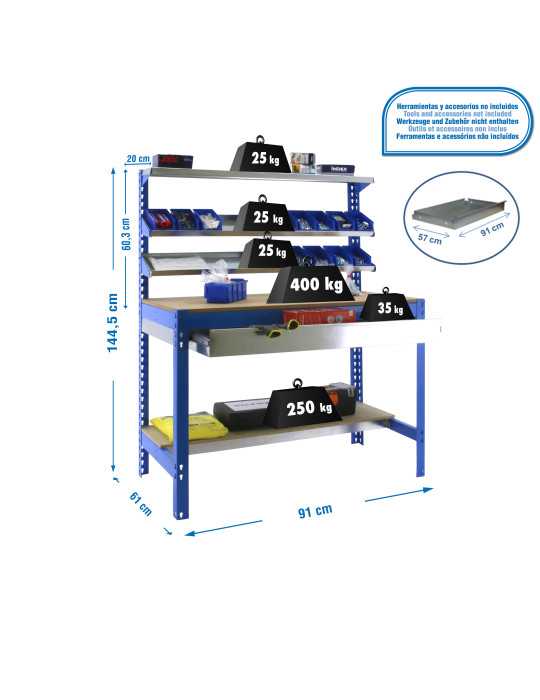 Banco trabajo 1445x910x610 SIMONWORK BT1 BOX 900 AZUL/MADERA marca SIMONRACK
