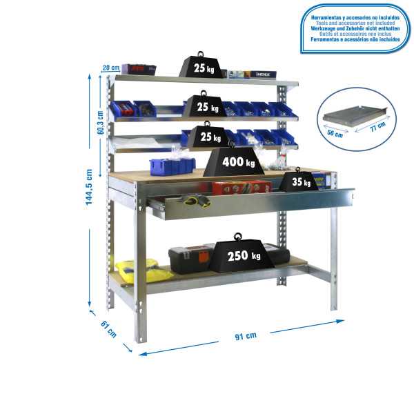 Banco trabajo 1445x910x610 SIMONWORK BT1 BOX 900 GALVA/MADERA marca SIMONRACK