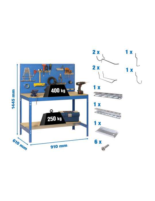 Banco trabajo 1445x910x610 PACK SIMONWORK BT2 900 AZUL/MAD+ 9ACCS marca SIMONRACK