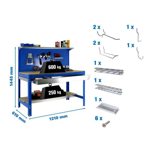 Banco trabajo 1445x1210x610 PACK SIMONWORK BT3 BOX 1200 AZUL/MAD+ 9ACCS marca SIMONRACK