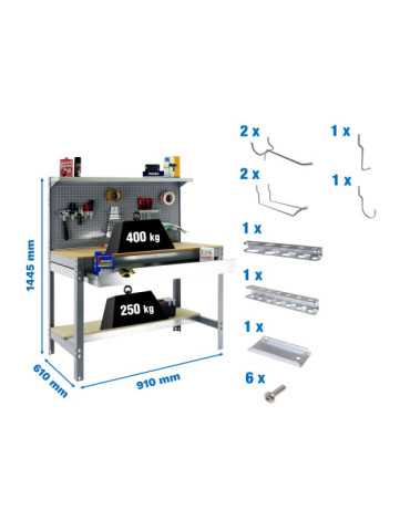Banco trabajo 1445x910x610 PACK SIMONWORK BT3 BOX 900 GRIS/MAD+ 9ACCS marca SIMONRACK
