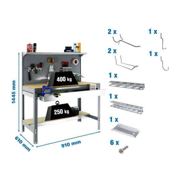 Banco trabajo 1445x910x610 PACK SIMONWORK BT3 BOX 900 GRIS/MAD+ 9ACCS marca SIMONRACK