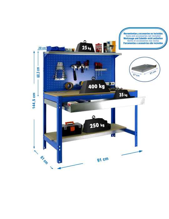 Banco trabajo 1445x910x610 SIMONWORK BT3 BOX 900 AZUL/MADERA marca SIMONRACK