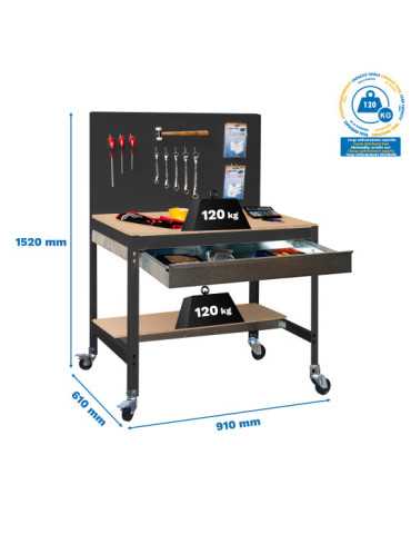 Banco trabajo 1520x910x610 SIMONWORK MOBILE BT2 BOX 900 ANTRACITA/MADERA marca SIMONRACK