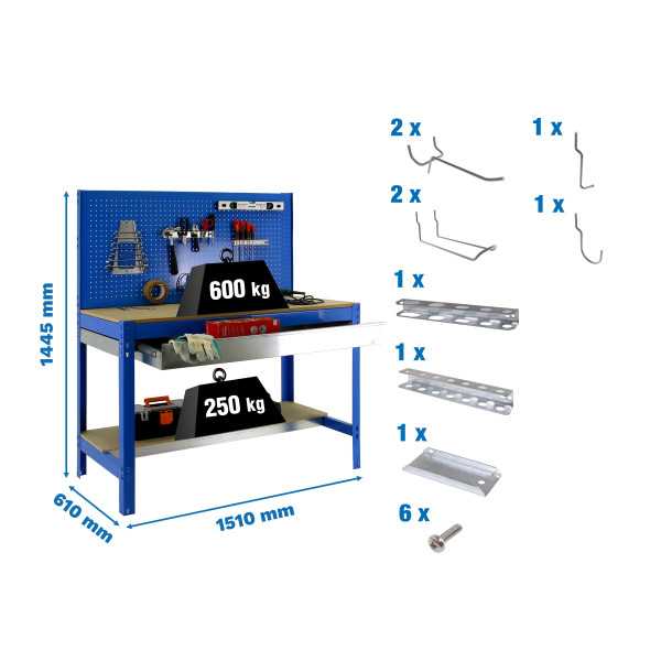 Banco trabajo 1445x1510x610 PACK SIMONWORK BT2 BOX 1500 AZUL/MAD+ 9ACCS marca SIMONRACK