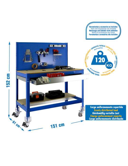 Banco trabajo 1520x1510x610 SIMONWORK MOBILE BT2 BOX 1500 AZUL/MADERA marca SIMONRACK