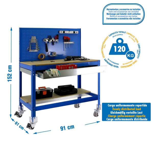 Banco trabajo 1520x910x610 SIMONWORK MOBILE BT2 BOX 900 AZUL/MADERA marca SIMONRACK
