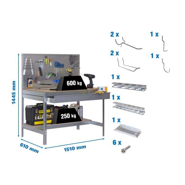 Banco trabajo 1445x1510x610 PACK SIMONWORK BT2 BOX 1500 GALVA/MAD+ 9ACCS marca SIMONRACK