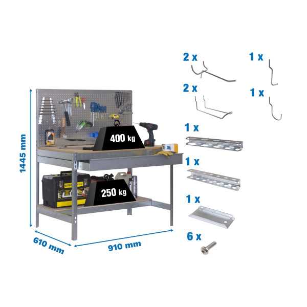 Banco trabajo 1445x910x610 PACK SIMONWORK BT2 BOX 900 GALVA/MAD+ 9ACCS marca SIMONRACK