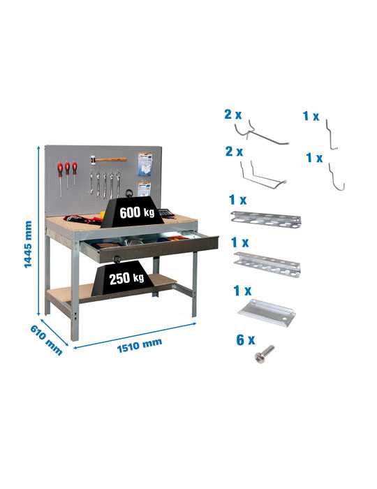 Banco trabajo 1445x1510x610 PACK SIMONWORK BT2 BOX 1500 GRIS/MAD+ 9ACCS marca SIMONRACK
