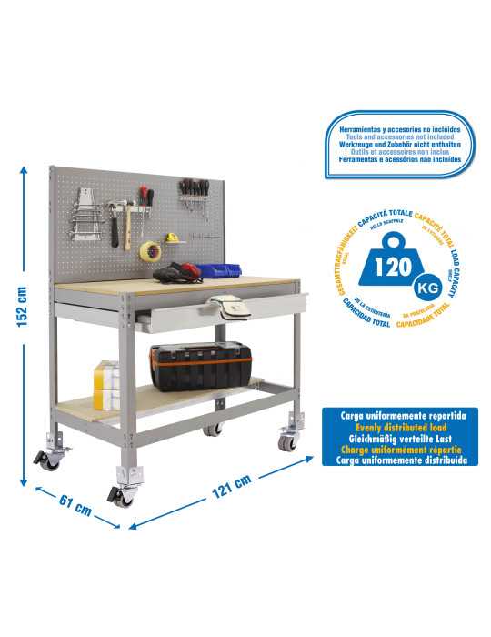 Banco trabajo 1520x1210x610 SIMONWORK MOBILE BT2 BOX 1200 GRIS/MADERA marca SIMONRACK