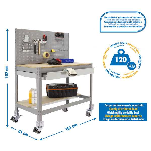 Banco trabajo 1520x1510x610 SIMONWORK MOBILE BT2 BOX 1500 GRIS/MADERA marca SIMONRACK
