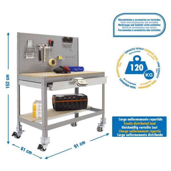 Banco trabajo 1520x910x610 SIMONWORK MOBILE BT2 BOX 900 GRIS/MADERA marca SIMONRACK