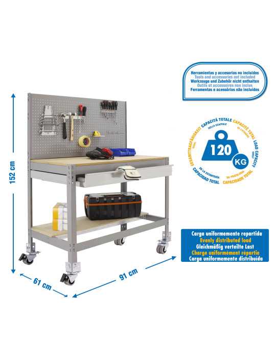 Banco trabajo 1520x910x610 SIMONWORK MOBILE BT2 BOX 900 GRIS/MADERA marca SIMONRACK