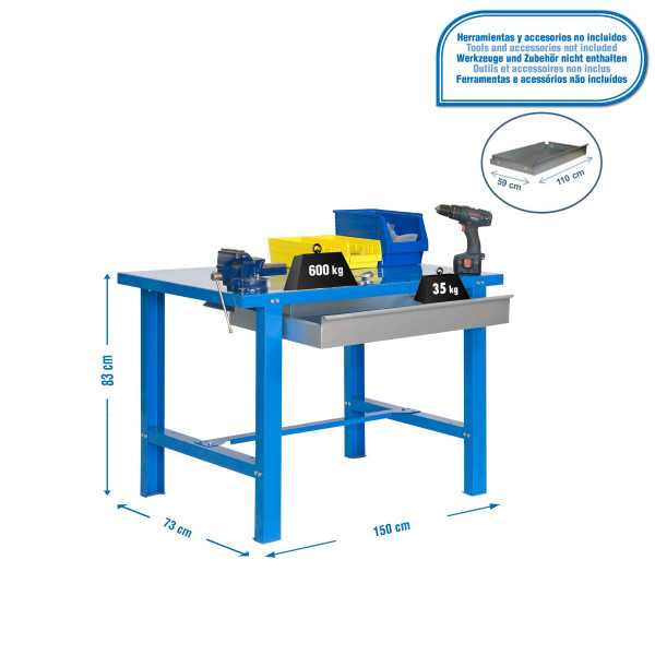 Banco trabajo 830x1500x730 SIMONWORK BT6 METAL 1BOX 1500x735 AZUL marca SIMONRACK