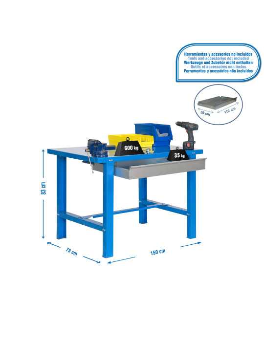 Banco trabajo 830x1500x730 SIMONWORK BT6 METAL 1BOX 1500x735 AZUL marca SIMONRACK