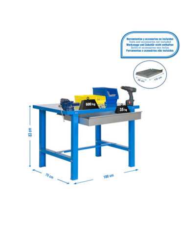 Banco trabajo 830x1800x730 SIMONWORK BT6 METAL 1BOX 1800x735 AZUL marca SIMONRACK