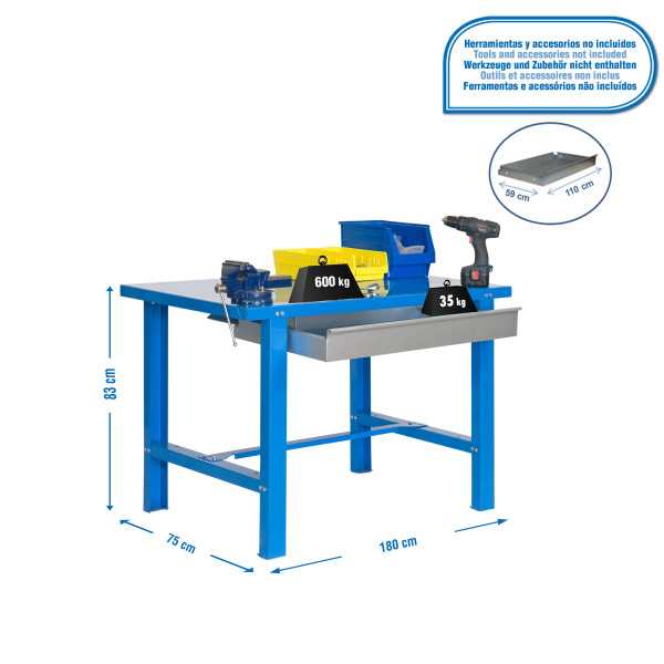Banco trabajo 830x1800x730 SIMONWORK BT6 METAL 1BOX 1800x735 AZUL marca SIMONRACK