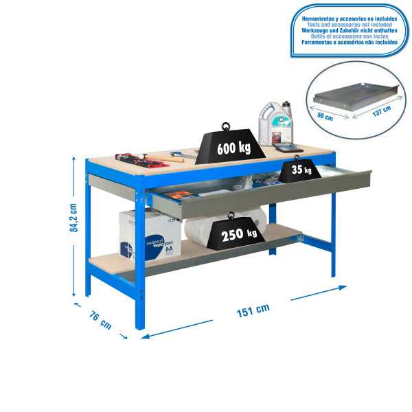 Banco trabajo 842x1510x760 SIMONWORK BT0 BOX 1500 AZUL/MADERA marca SIMONRACK