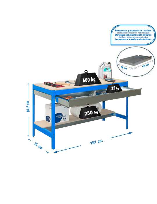 Banco trabajo 842x1510x760 SIMONWORK BT0 BOX 1500 AZUL/MADERA marca SIMONRACK