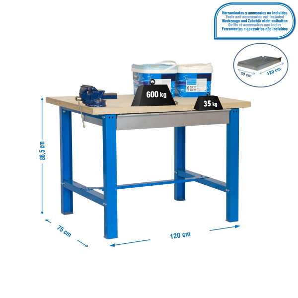 Banco trabajo 865x1200x750 SIMONWORK BT6 MDF 1BOX 1200x750 AZUL/MADERA marca SIMONRACK