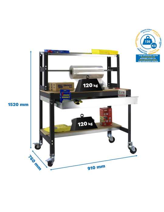 Banco trabajo 1520x910x760 SIMONWORK MOBILE BT4 BOX 900 ANTRACITA/MADERA marca SIMONRACK