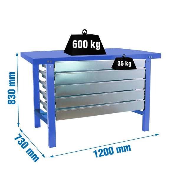 Banco trabajo 830x1200x730 SIMONWORK BT6 METAL 5BOX 1200x735 AZUL marca SIMONRACK