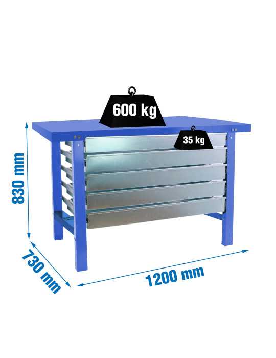 Banco trabajo 830x1200x730 SIMONWORK BT6 METAL 5BOX 1200x735 AZUL marca SIMONRACK