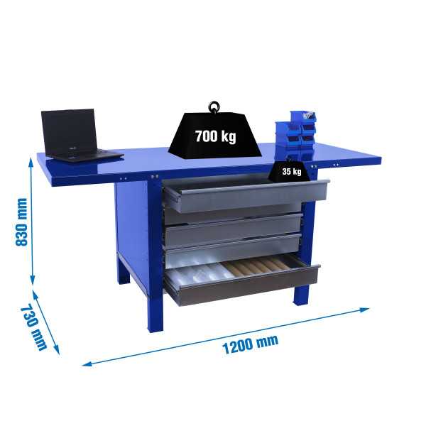 Banco trabajo 830x1200x730 SIMONWORK BT6 PRO METAL 5BOX 1200 AZUL marca SIMONRACK