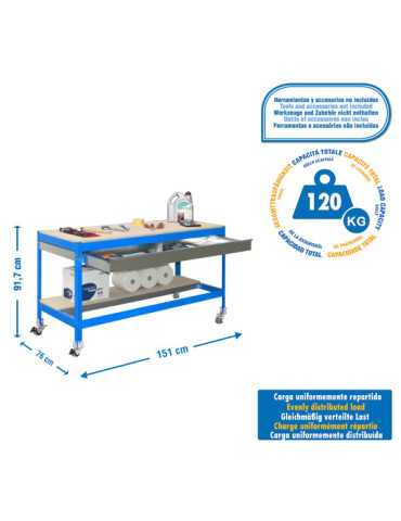 Banco trabajo 917x1510x760 SIMONWORK MOBILE BT0 BOX 1500 AZUL/MADERA marca SIMONRACK