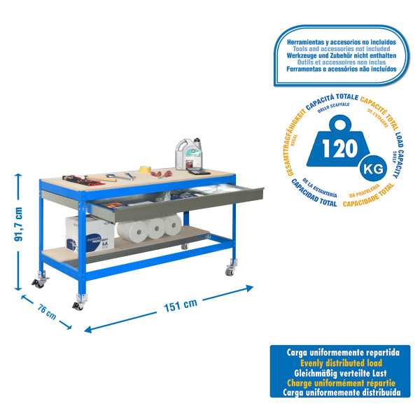 Banco trabajo 917x1510x760 SIMONWORK MOBILE BT0 BOX 1500 AZUL/MADERA marca SIMONRACK