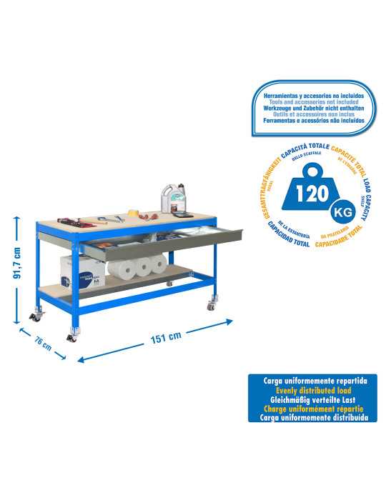 Banco trabajo 917x1510x760 SIMONWORK MOBILE BT0 BOX 1500 AZUL/MADERA marca SIMONRACK