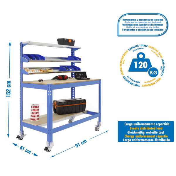 Banco trabajo 1520x910x610 SIMONWORK MOBILE BT1 900 AZUL/MADERA marca SIMONRACK