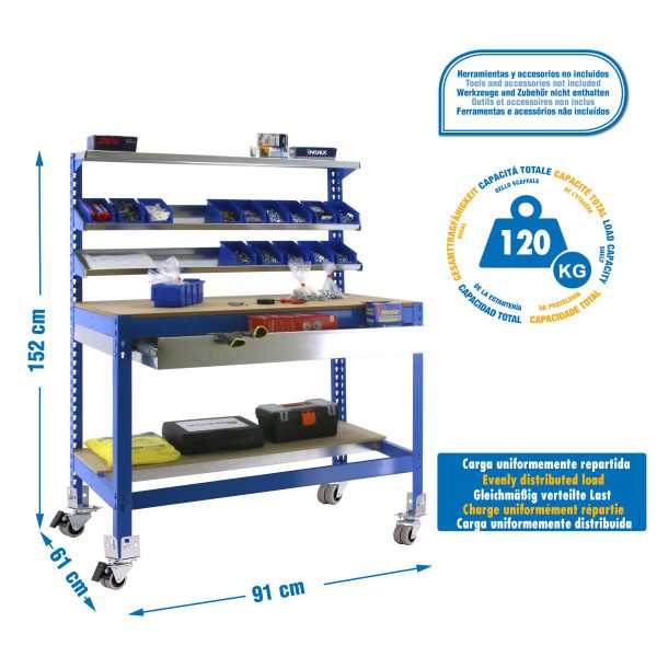 Banco trabajo 1520x910x610 SIMONWORK MOBILE BT1 BOX 900 AZUL/MADERA marca SIMONRACK