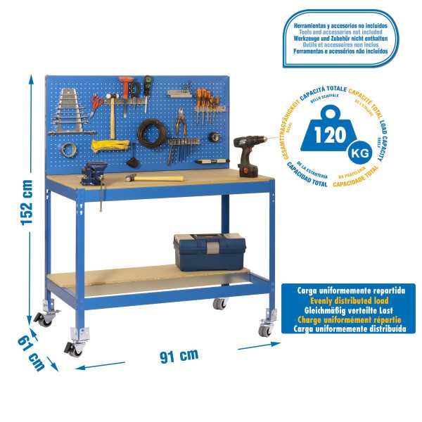 Banco trabajo 1520x910x610 SIMONWORK MOBILE BT2 900 AZUL/MADERA marca SIMONRACK