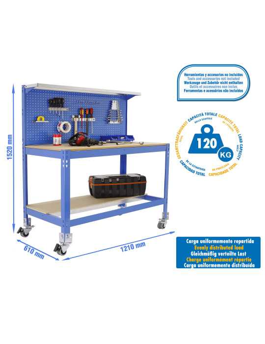Banco trabajo 1520x1210x610 SIMONWORK MOBILE BT3 1200 AZUL/MADERA marca SIMONRACK