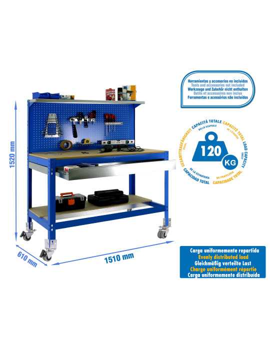 Banco trabajo 1520x1510x610 SIMONWORK MOBILE BT3 BOX 1500 AZUL/MADERA marca SIMONRACK