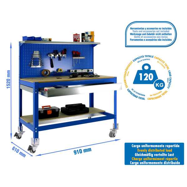 Banco trabajo 1520x910x610 SIMONWORK MOBILE BT3 BOX 900 AZUL/MADERA marca SIMONRACK
