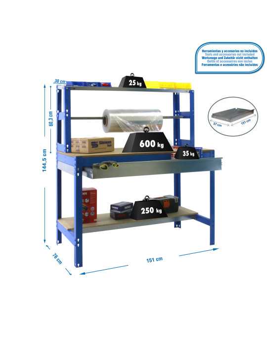 Banco trabajo 1445x1510x760 SIMONWORK BT4 BOX 1500 AZUL/MADERA marca SIMONRACK