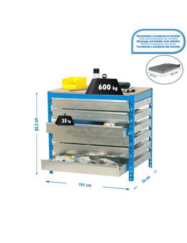 Banco trabajo 842x1510x760 SIMONWORK BT5 BOX6 1500 AZUL/MADERA marca SIMONRACK