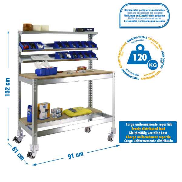 Banco trabajo 1520x910x610 SIMONWORK MOBILE BT1 900 GALVA/MADERA marca SIMONRACK