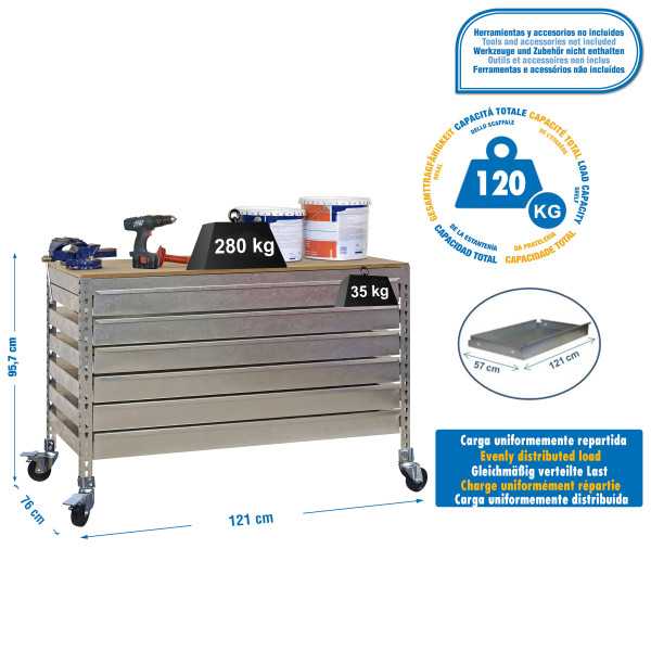 Banco trabajo 917x1210x760 SIMONWORK MOBILE BT5 BOX6 1200 GALVA/MADERA marca SIMONRACK