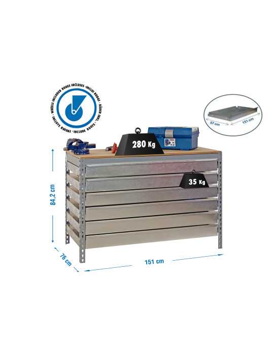 Banco trabajo 917x1510x760 SIMONWORK MOBILE BT5 BOX6 1500 GALVA/MADERA marca SIMONRACK