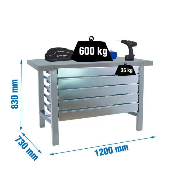 Banco trabajo 830x1200x730 SIMONWORK BT6 METAL 5BOX 1200x735 GRIS marca SIMONRACK