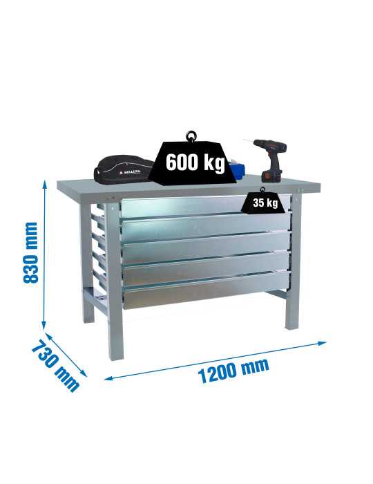 Banco trabajo 830x1200x730 SIMONWORK BT6 METAL 5BOX 1200x735 GRIS marca SIMONRACK