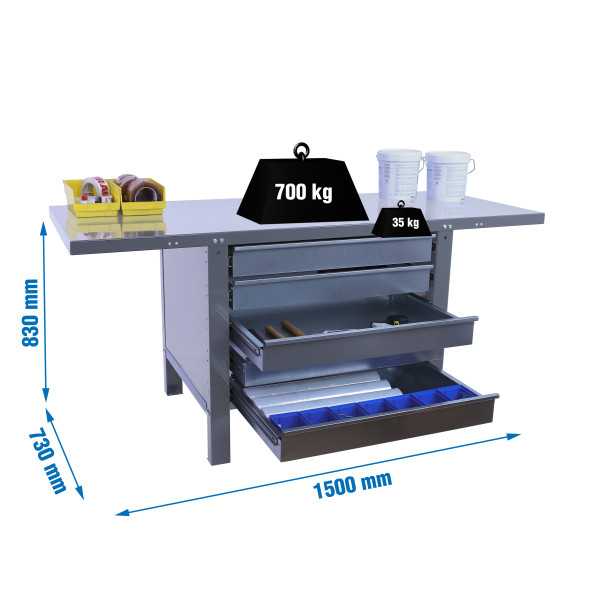 Banco trabajo 830x1500x730 SIMONWORK BT6 PRO METAL 5BOX 1500 GRIS marca SIMONRACK