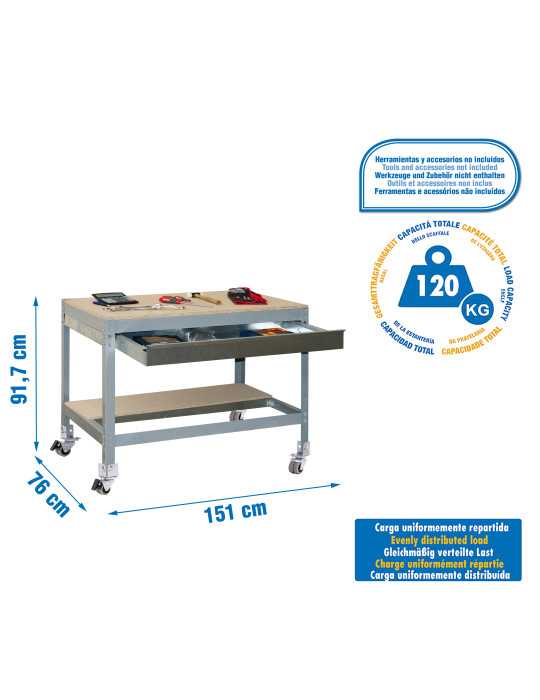 Banco trabajo 917x1510x760 SIMONWORK MOBILE BT0 BOX 1500 GRIS/MADERA marca SIMONRACK