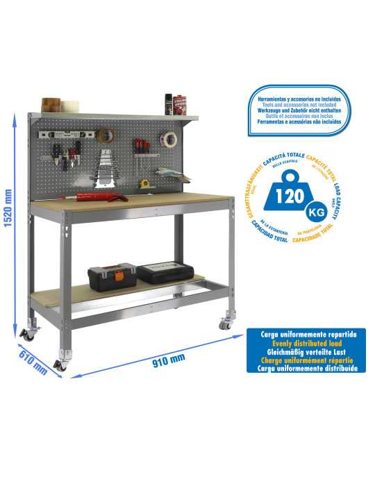 Banco trabajo 1520x910x610 SIMONWORK MOBILE BT3 900 GRIS/MADERA marca SIMONRACK