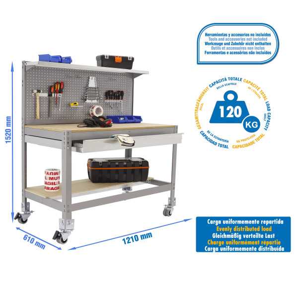 Banco trabajo 1520x1210x610 SIMONWORK MOBILE BT3 BOX 1200 GRIS/MADERA marca SIMONRACK