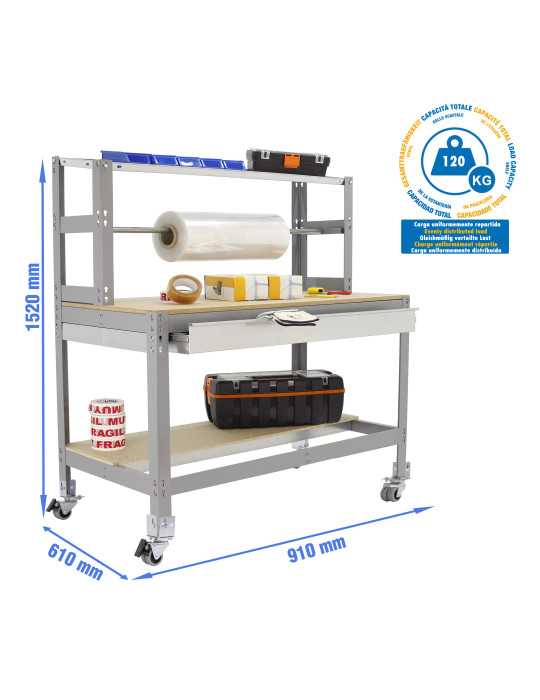 Banco trabajo 1520x910x760 SIMONWORK MOBILE BT4 BOX 900 GRIS/MADERA marca SIMONRACK